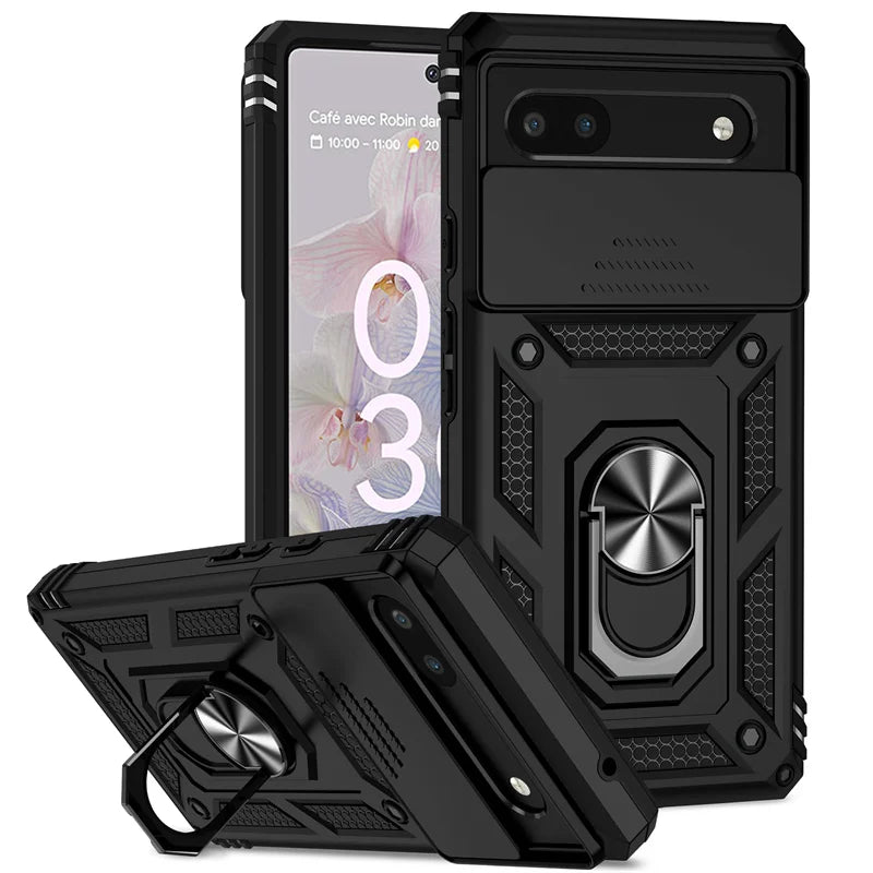 Military Armor Pixel Case – Slide Lens Cover & Ring Stand Armor Phone Case PRIMED For Pixel 6 Pro Black