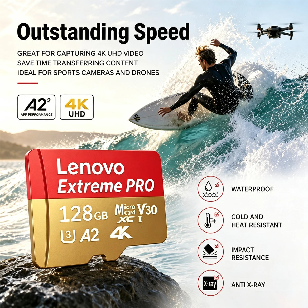 Lenovo Micro SD Card 64GB–512GB Class 10 U3 V30 A2 Flash Micro SD Card PRIMED