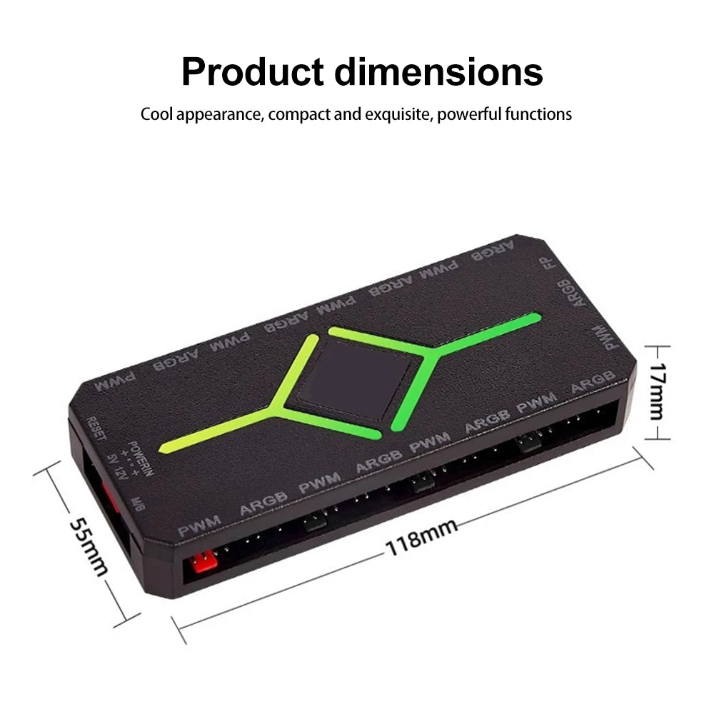 3-in-1 ARGB PWM Fan Hub 1 to 9 Ports – 5V 3-Pin & 4-Pin PC PC Fan Hub Controller PRIMED