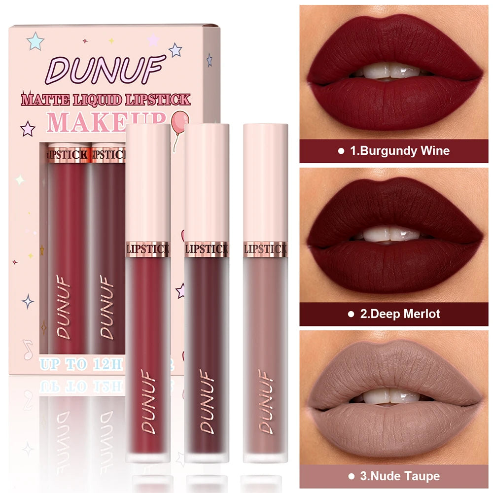DUNUF 3-Pc Matte Velvet Liquid Lipstick Set – Wine Red & Nude Liquid Lipstick Set PRIMED