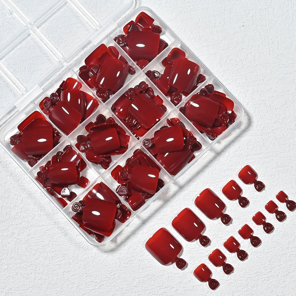 144Pcs Red Press-On False Toenails | Short DIY Full Cover Tips