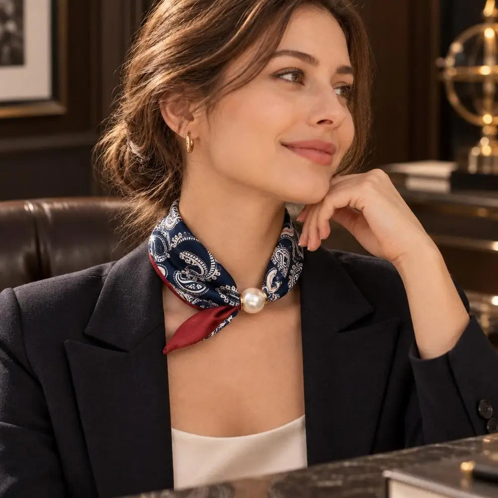 Pearl Buckle Printed Neckerchief – Lightweight Polyester Scarf