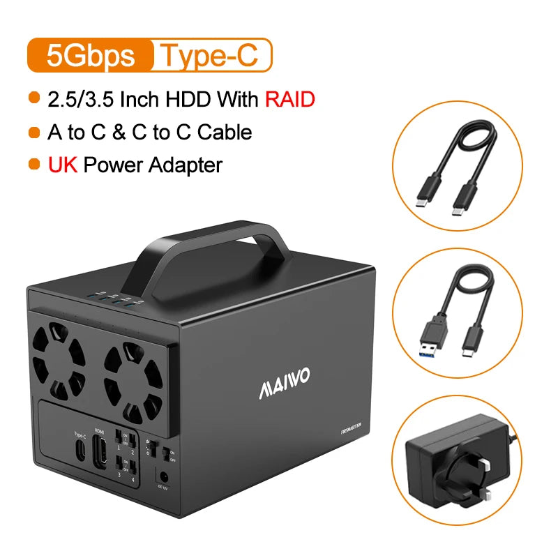 MAIWO 4-Bay RAID HDD Enclosure USB-C & HDMI 4K | 96TB HDD RAID Enclosure PRIMED UK Plug