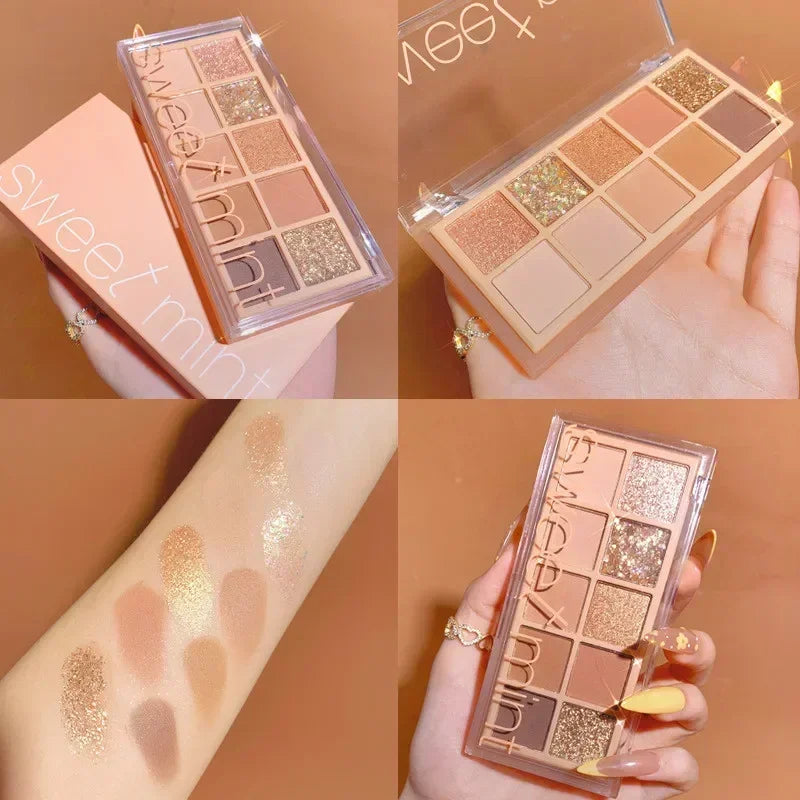 10-Color Glitter Shimmer Eyeshadow Palette – Waterproof & Nude