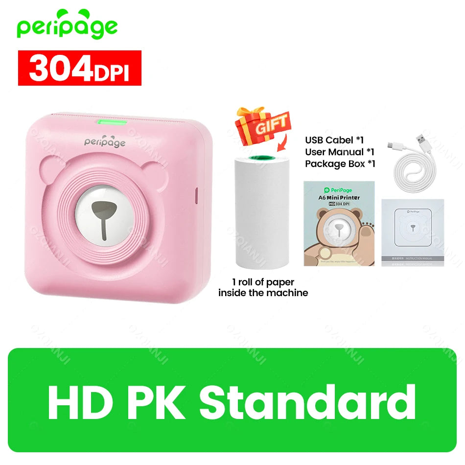 Peripage A6 58mm Mini Bluetooth Thermal Label Printer 300DPI Bluetooth Thermal Printer PRIMED 304DPI Pink Printer