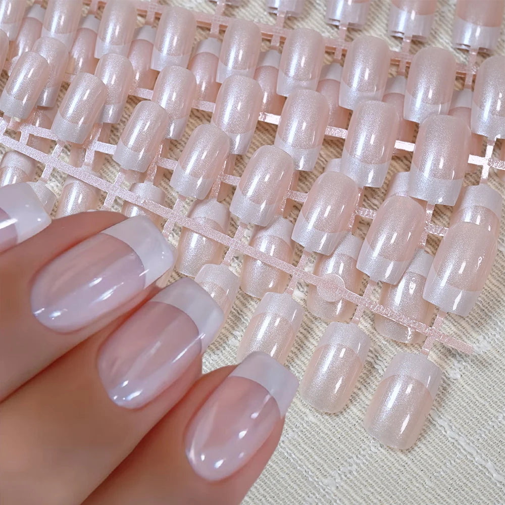 120Pcs Pearlescent Square Press-On Nails | French White Tips