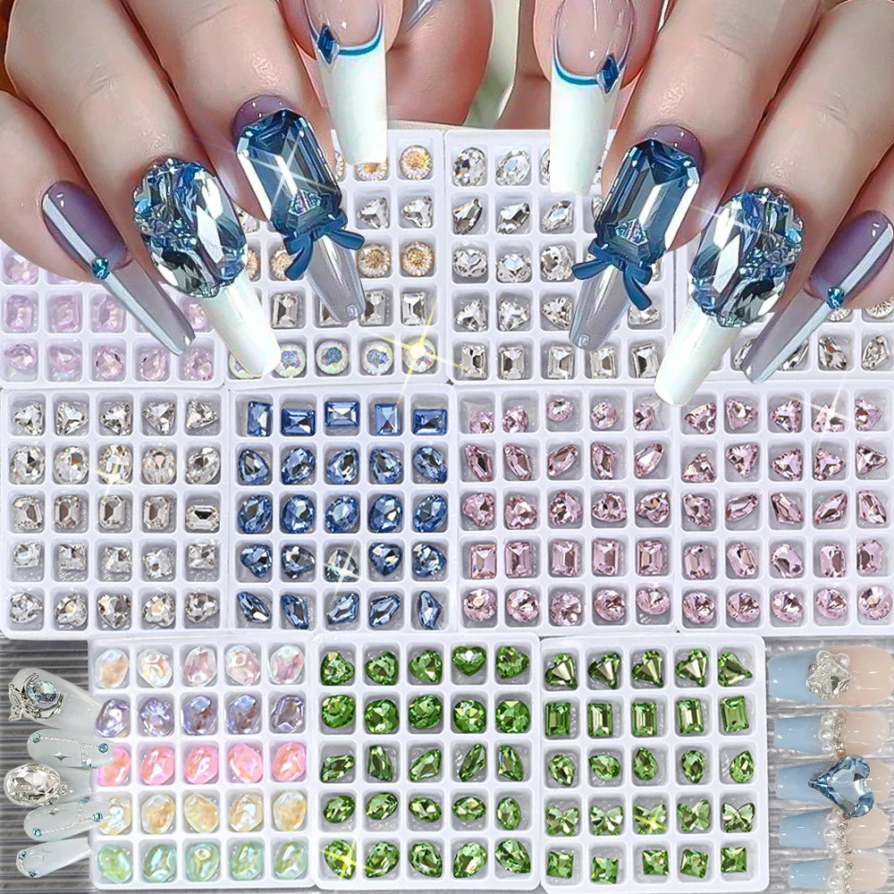 25pcs 3D Crystal Rhinestone Nail Charms – Heart Oval Square Nail Art Charms PRIMED