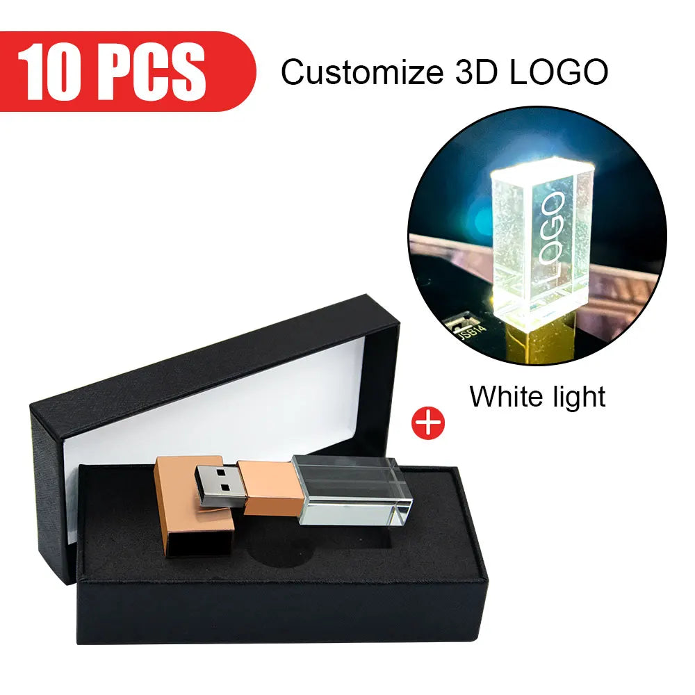 10-Pack Crystal USB 2.0 Flash Drive LED Light 4GB–128GB Logo USB Flash Drive PRIMED 4GB Rose-White-box
