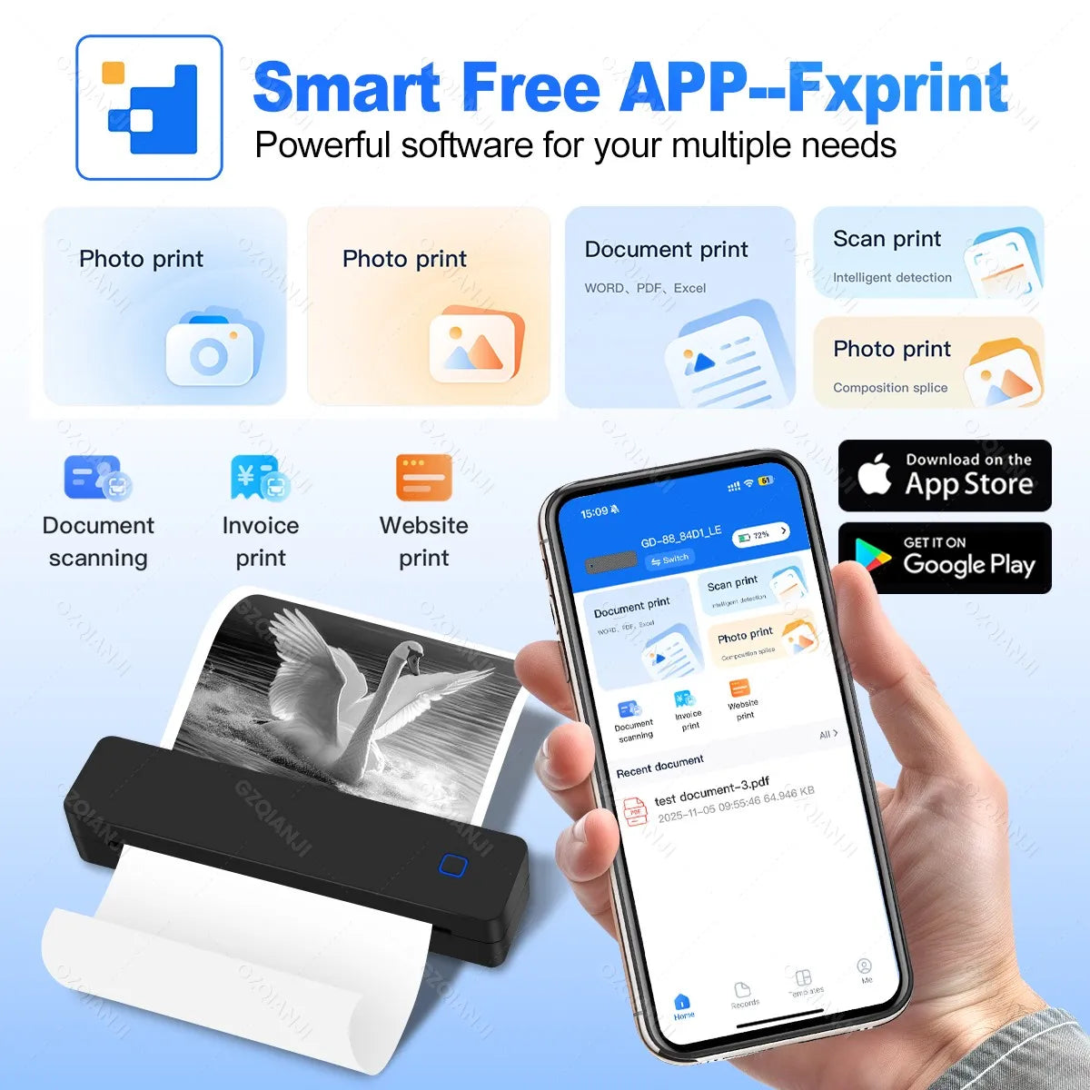 GZQIANJI A4 Bluetooth Thermal Printer – Portable Inkless Thermal Printer PRIMED