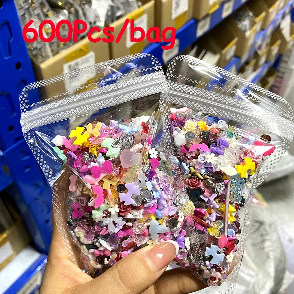 600Pcs Kawaii 3D Resin Nail Charms – Bows, Hearts & Flowers Nail Art Charms PRIMED