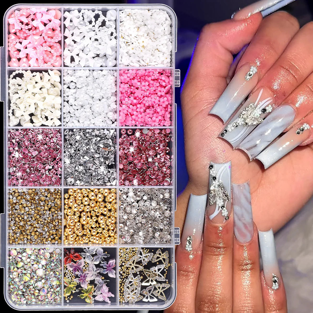 10,000Pcs 3D Butterfly Nail Charms Kit – 15-Grid Box & Tools