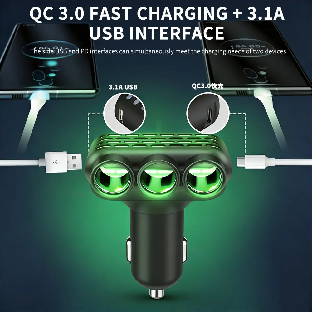 120W 3-in-1 USB-C Car Cigarette Lighter Splitter | Fast Charge Car Charger Adapter PRIMED