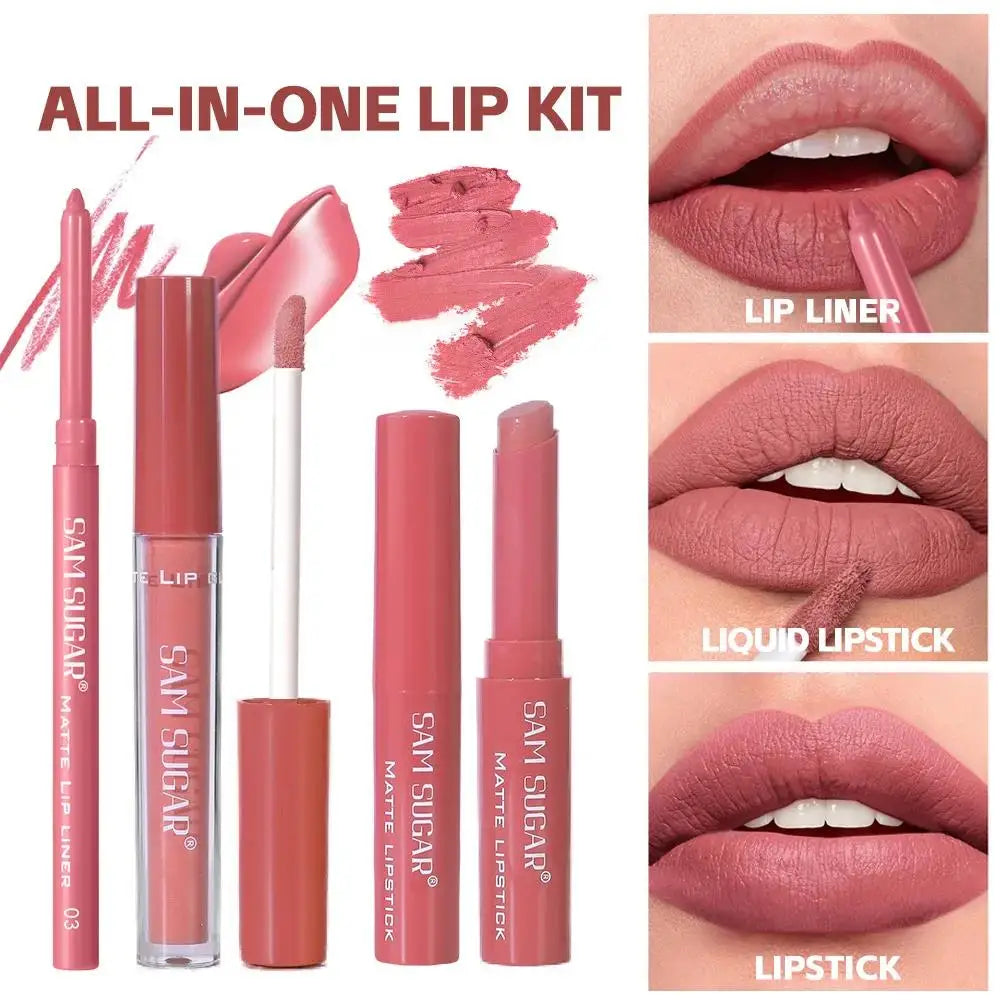 SAM SUGAR 3-in-1 Matte Lip Kit | Long-Lasting Waterproof Set