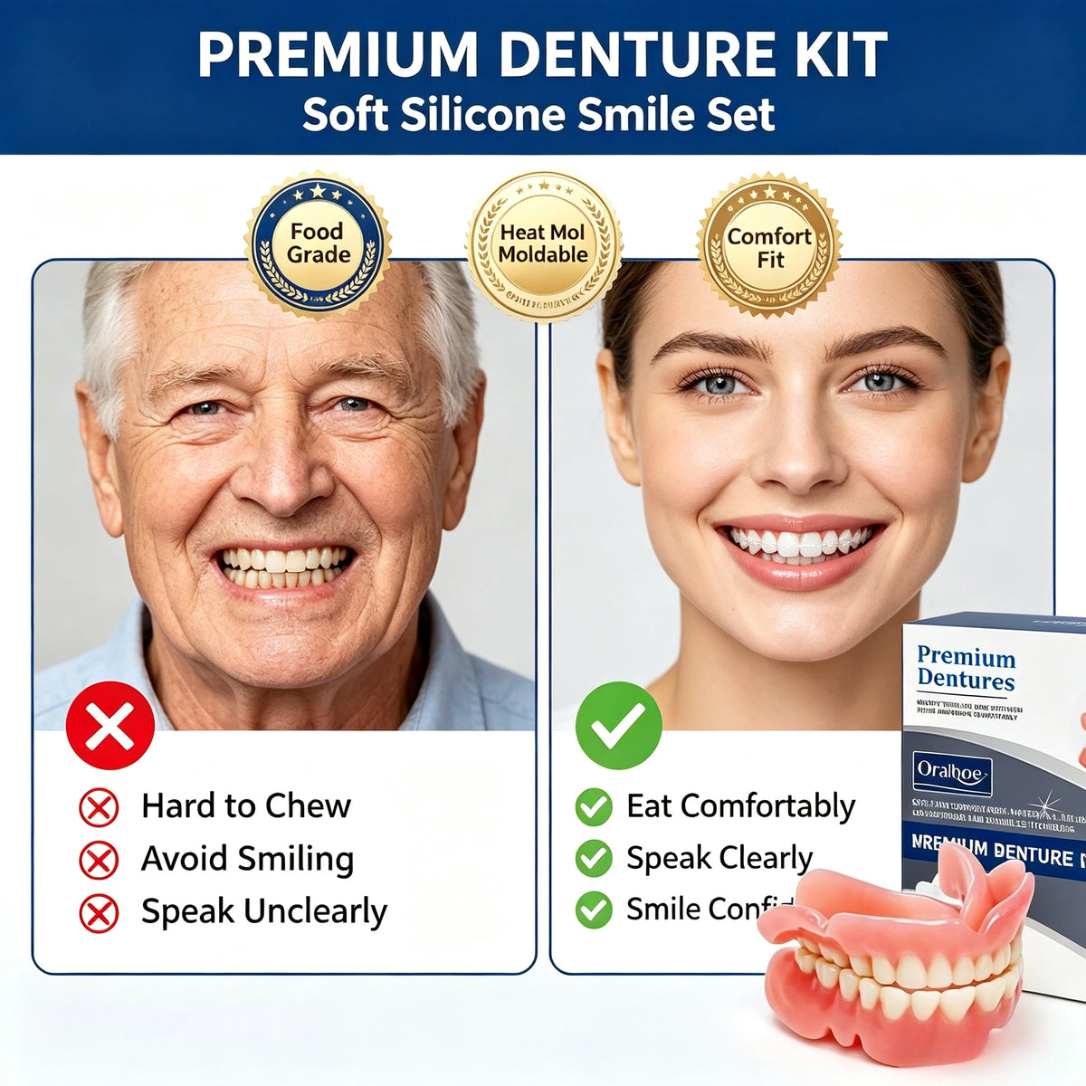 Soft Silicone Snap-On Dentures Full Set – Upper & Lower
