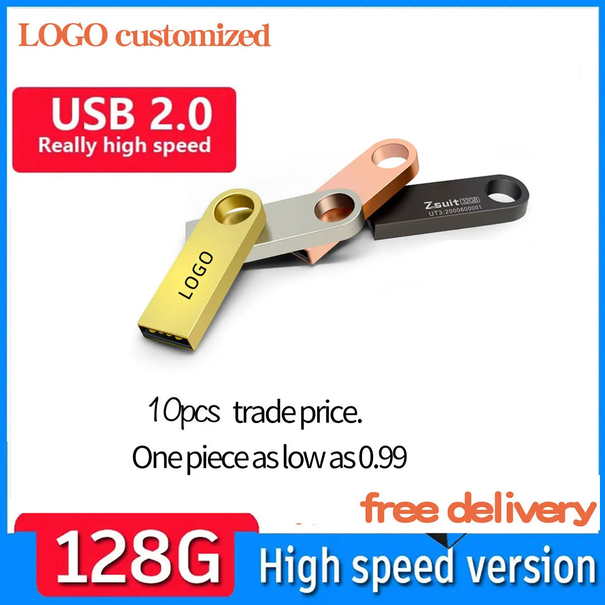 10-Pack Metal USB 2.0 Flash Drives 4GB–128GB | Free Logo USB Flash Drive PRIMED