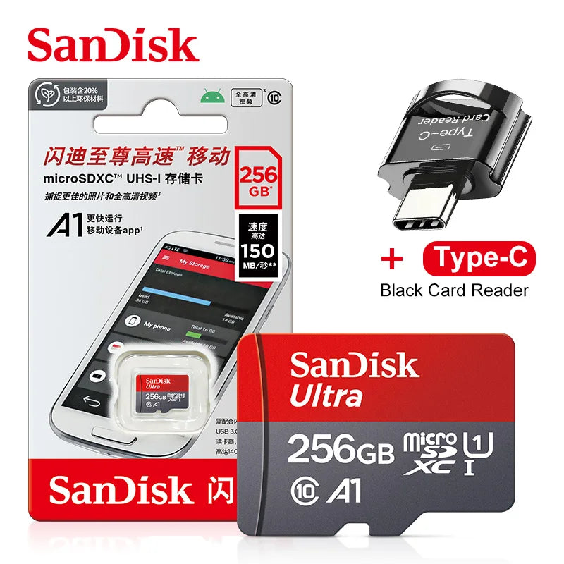 SanDisk A1 Micro SD Card 32–256GB 100MB/s + Type-C Reader Micro SD Card PRIMED 256GB Type-C