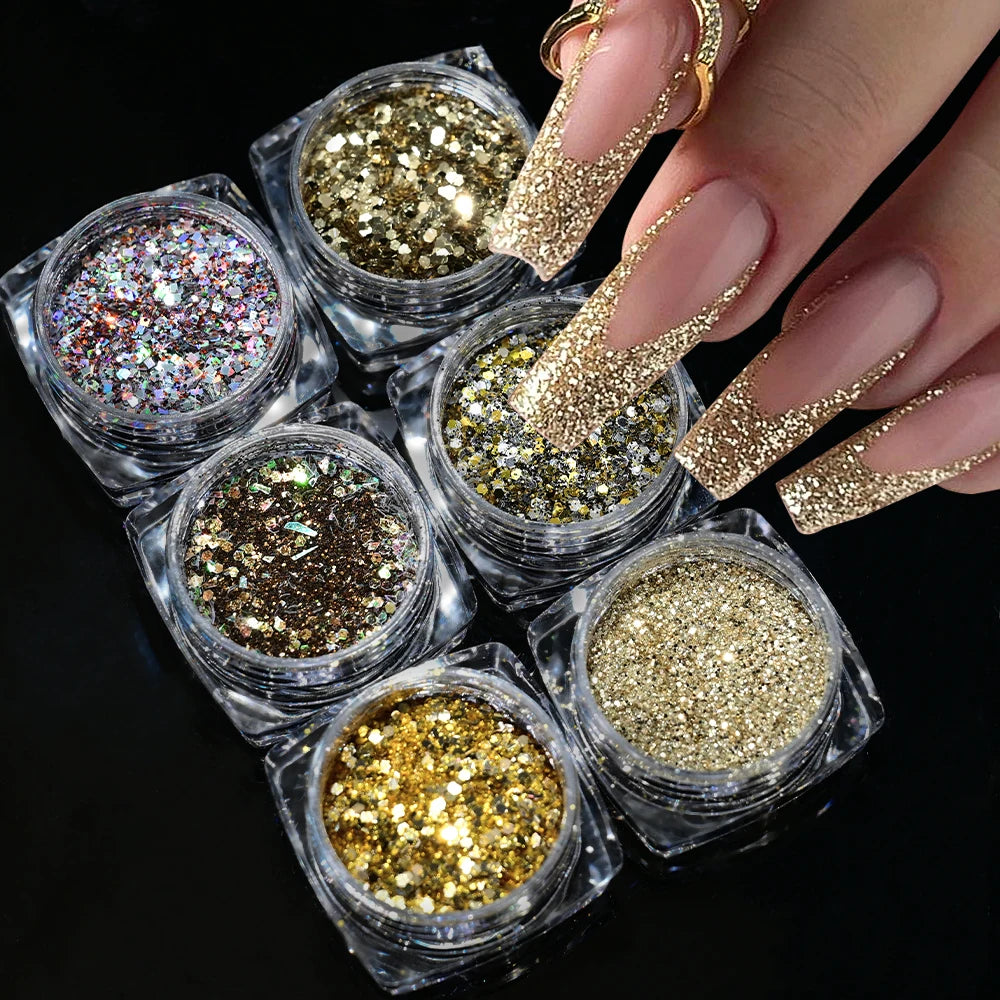 Holographic Nail Glitter Powder Set – 6 Jars Silver & Gold