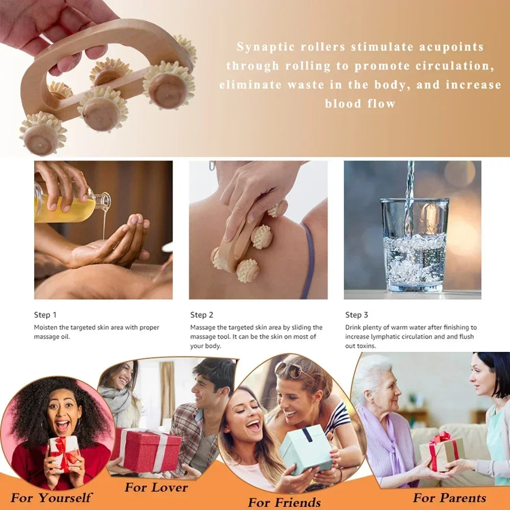 Wooden Massage Roller – 6-Ball Manual Body Massager Tool