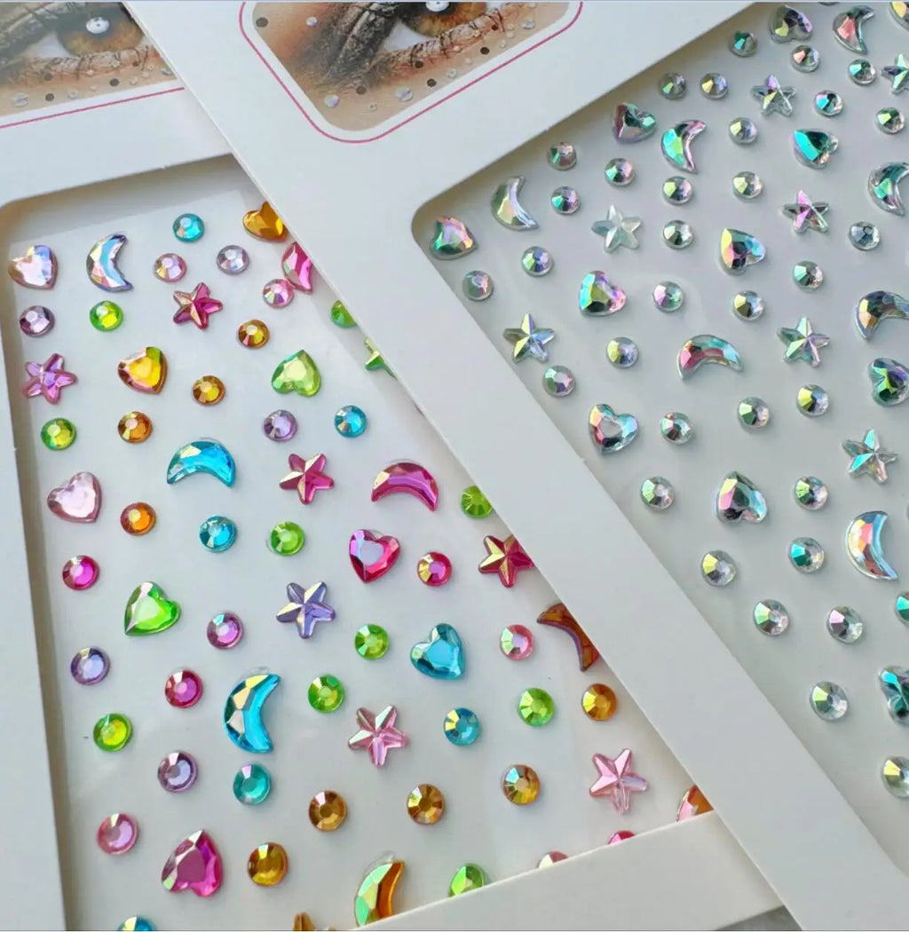 Iridescent Star Moon Face Gem Stickers – Rhinestone 2 Sheets Body Art Stickers PRIMED