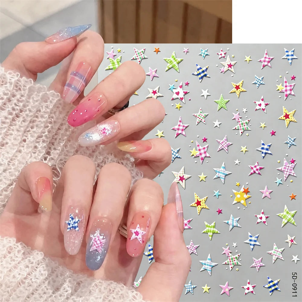 Y2K 5D Embossed Nail Stickers – Plaid & Star DIY Decals