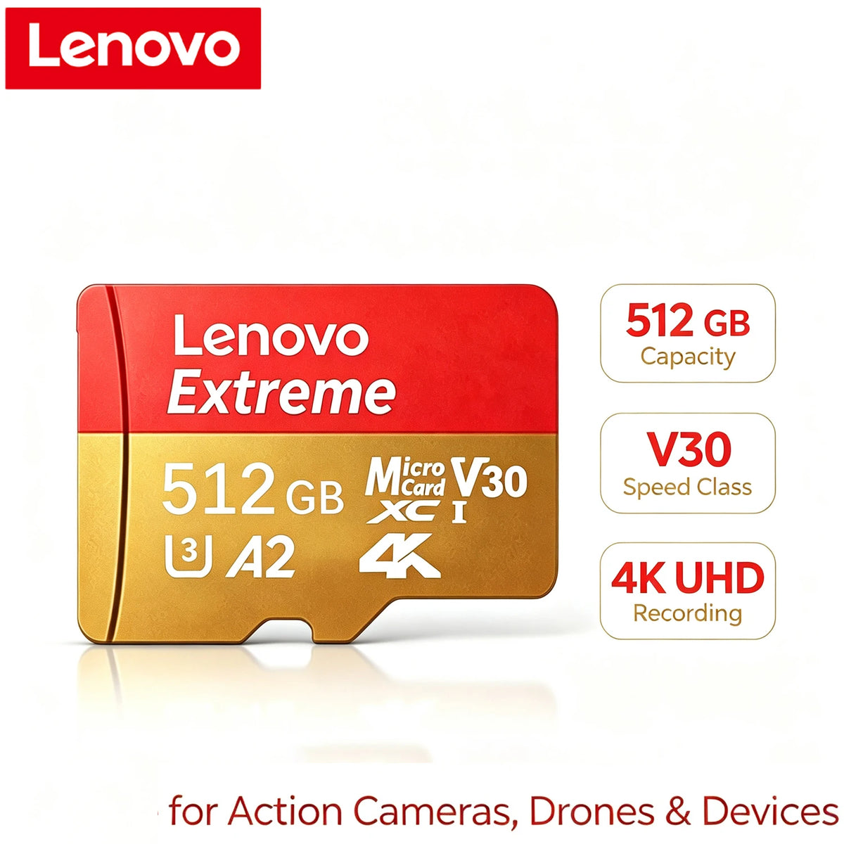 Lenovo Micro SD Card 64GB–512GB Class 10 U3 V30 A2 Flash Micro SD Card PRIMED