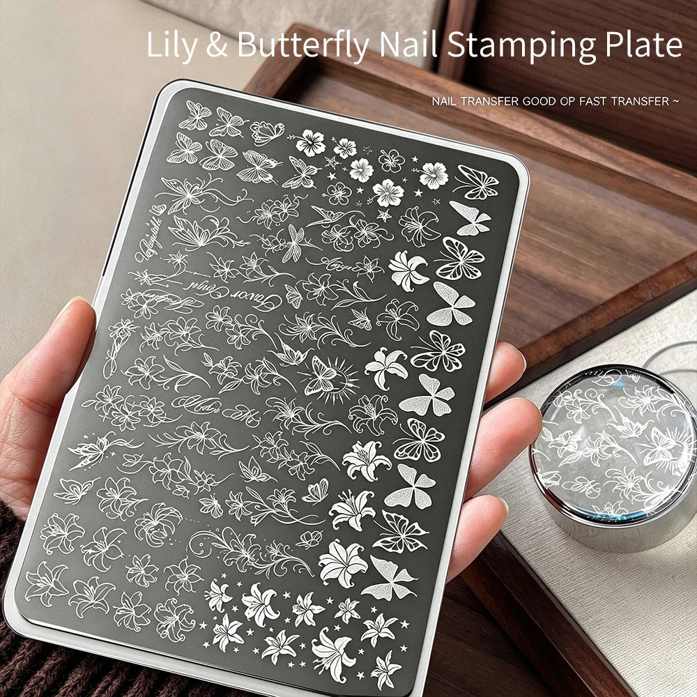 Lily & Butterfly Nail Stamping Plate | Retro Floral Steel Template Nail Stamping Plate PRIMED