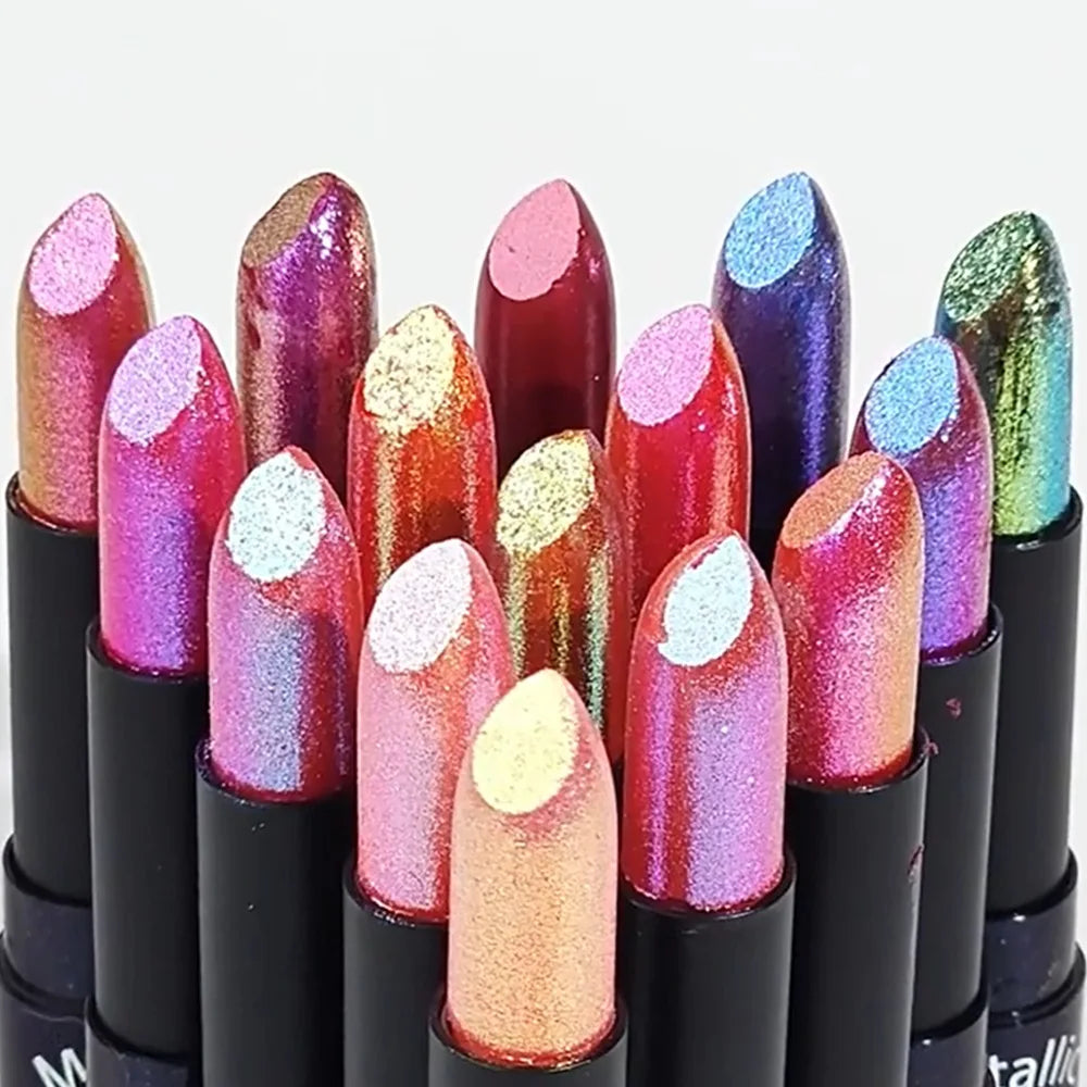 15-Color Metallic Glitter Lipstick – Pearlescent Shimmer Set