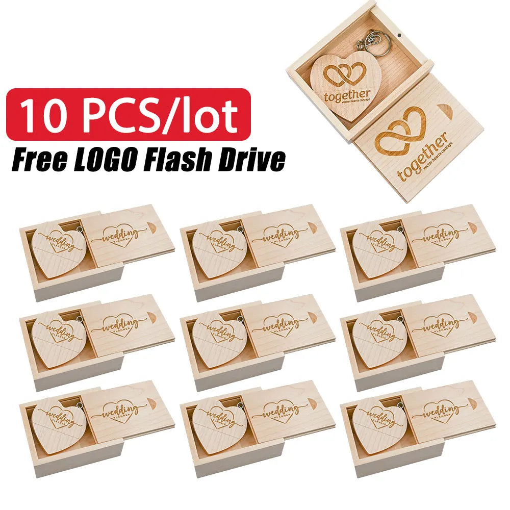 10-Pack Wooden Heart USB Flash Drives 16–128GB Custom Logo USB Flash Drive PRIMED