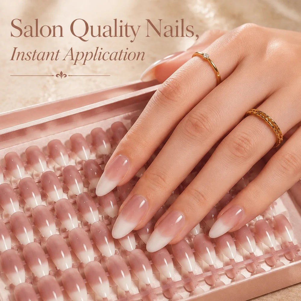 150Pcs Almond Press On Nails – Nude Pink French Ombre Press On Nails PRIMED