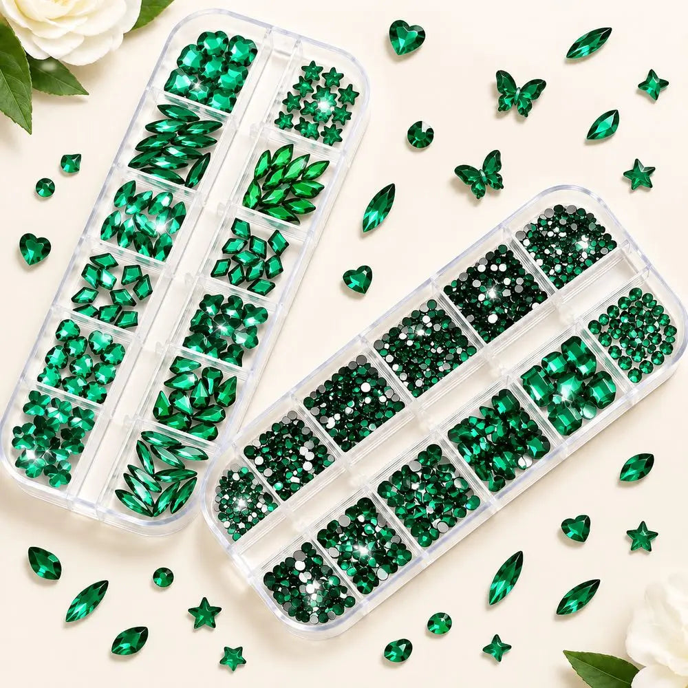 Emerald Green Flatback Nail Crystals – Multi Shape Gem Kit 2-Box Nail Gem Kit PRIMED