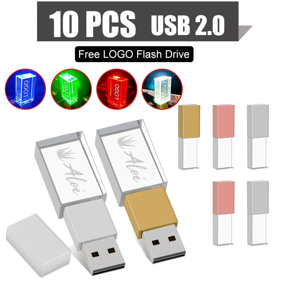 10-Pack 128GB Crystal LED USB Flash Drives | Free Custom Logo USB Flash Drive PRIMED