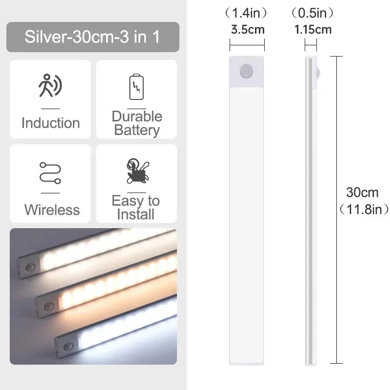 VENUSWING LED Under Cabinet Light – Motion Sensor Rechargeable LED Cabinet Light PRIMED Silver-30cm-3 in 1