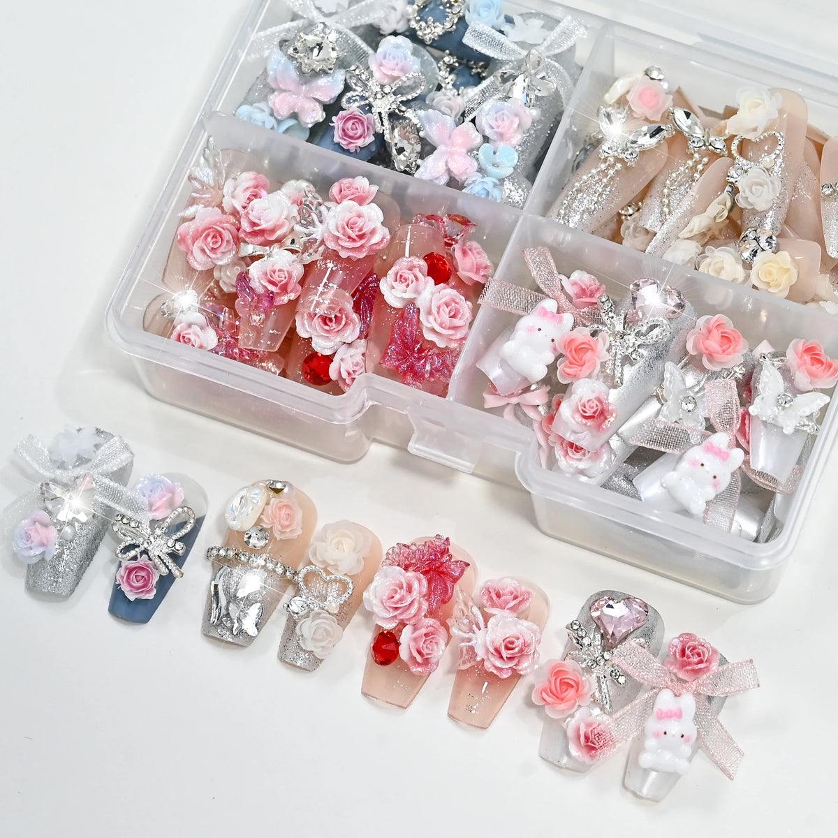 96Pcs Press On Nails Long Coffin Pink Flowers Lace Bows Diamonds