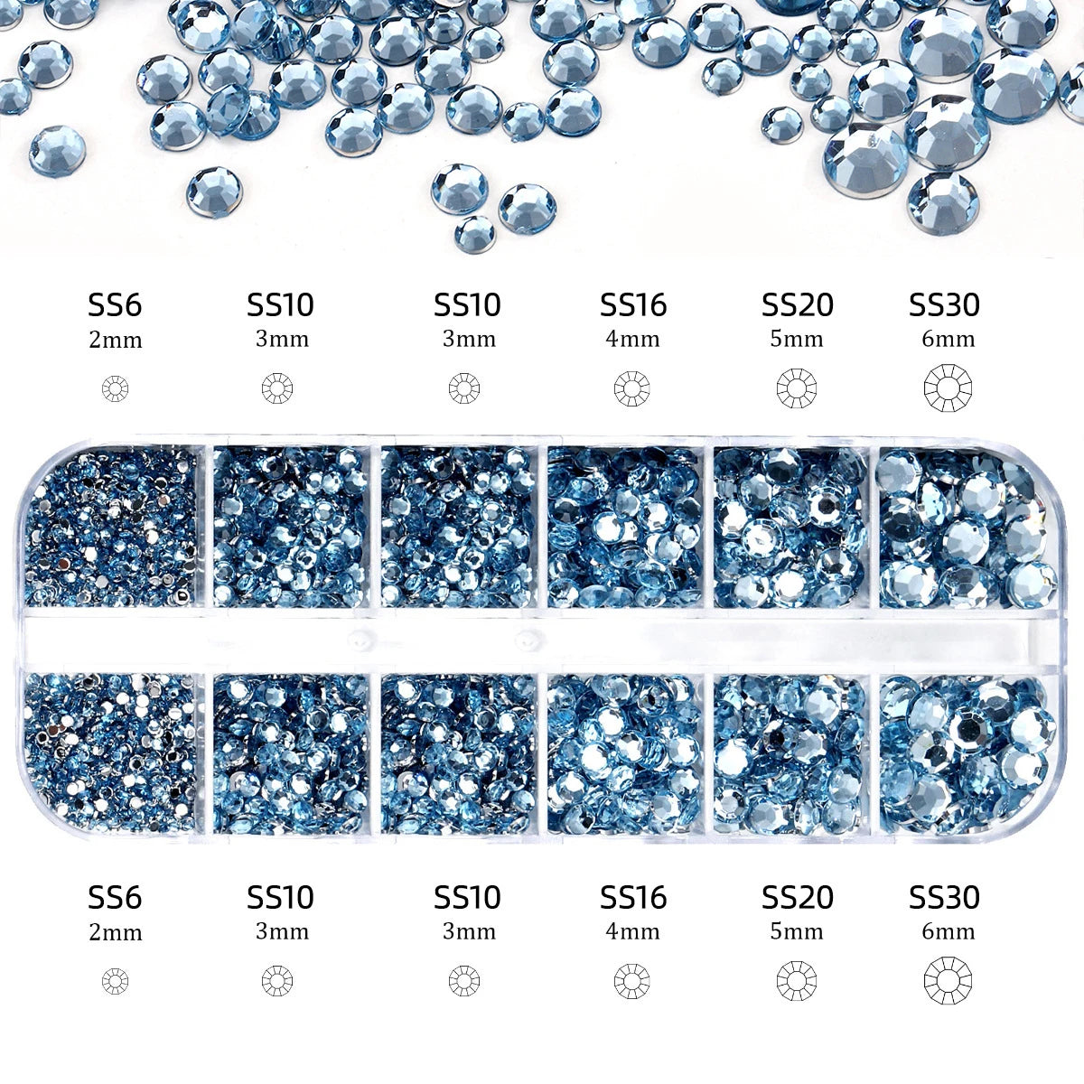 Mixed Size Flatback Glass Rhinestones 12-Grid Box SS6–SS30