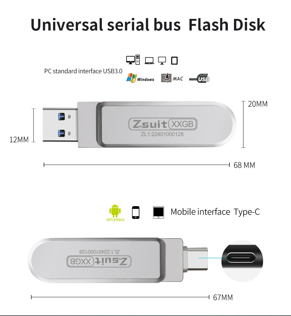 Z-Suit 2-in-1 USB-C & USB 3.0 Flash Drive 64GB 128GB OTG