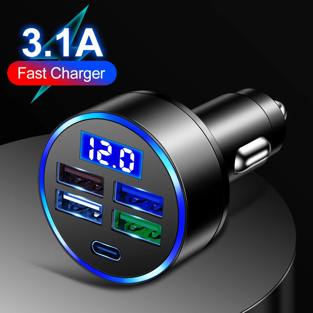 5-Port USB Car Charger 15W PD Type-C Fast Charging Adapter Car Charger Adapter PRIMED