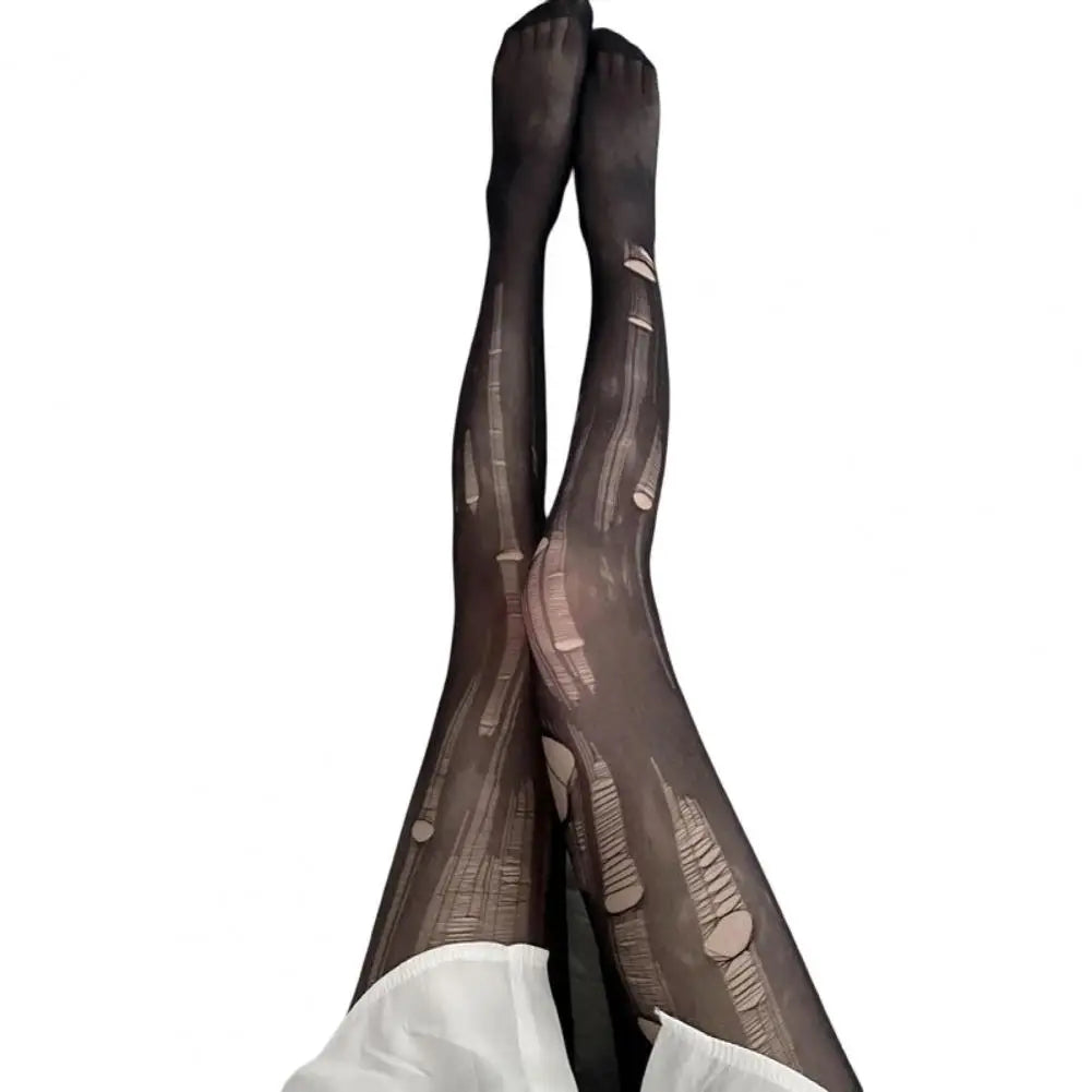Women's Sheer Ripped Hollow-Out Pantyhose Tights | One Size Sheer Fashion Tights PRIMED black One Size