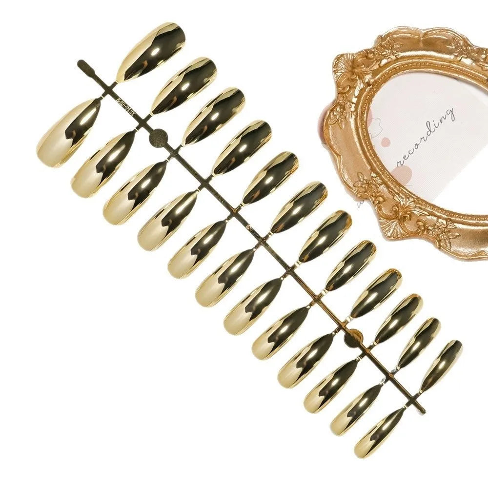 Gold Almond Press-On Nails Mirror Finish Y2K 24pc Set