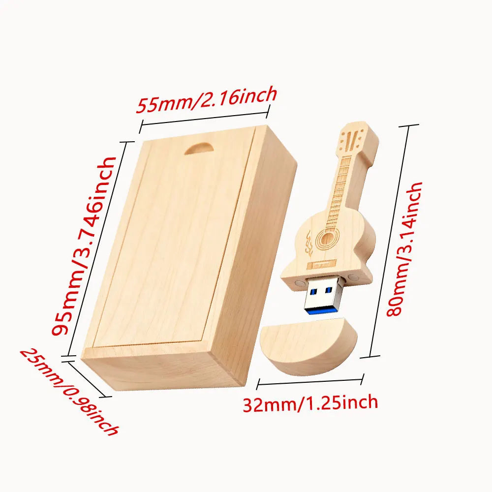 Maple Wood Guitar USB 3.0 Flash Drive 8GB–128GB Custom Logo USB Flash Drive PRIMED