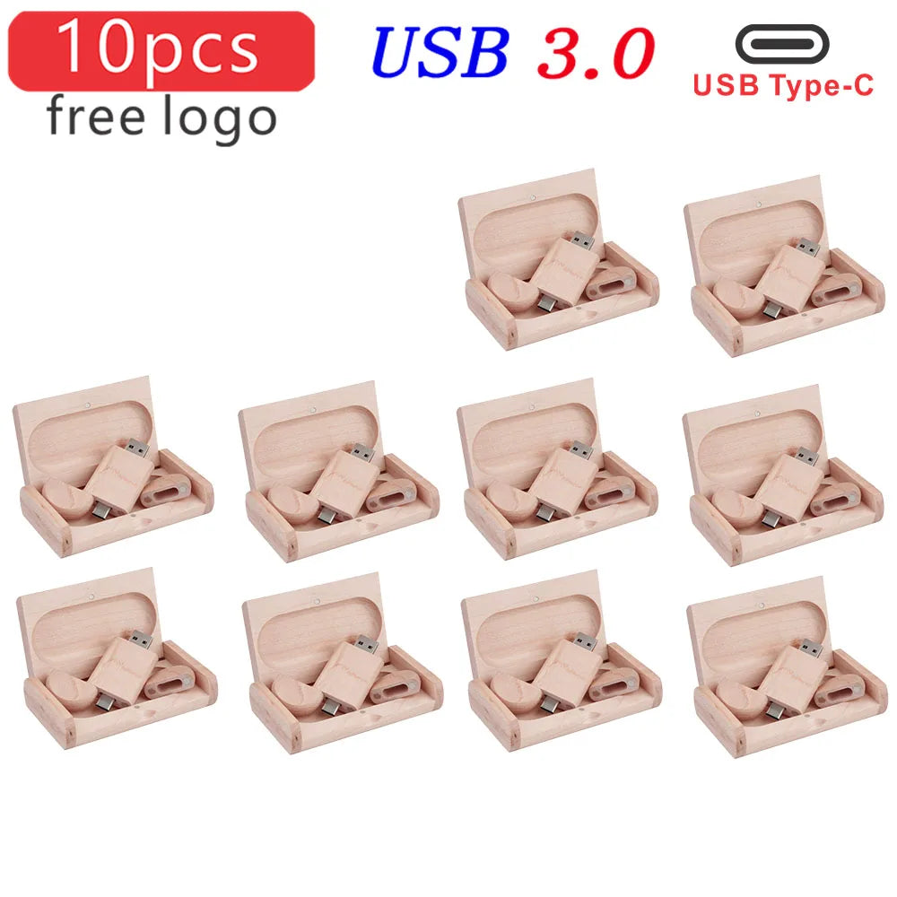 JASTER 10-Pack Wooden USB 3.0 Type-C Flash Drive Custom Logo Wooden USB Flash Drive PRIMED