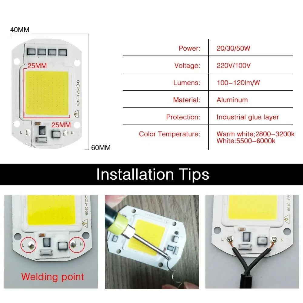 COB LED Chip 20W 30W 50W Smart IC No Driver 110V 220V Module COB LED Module PRIMED