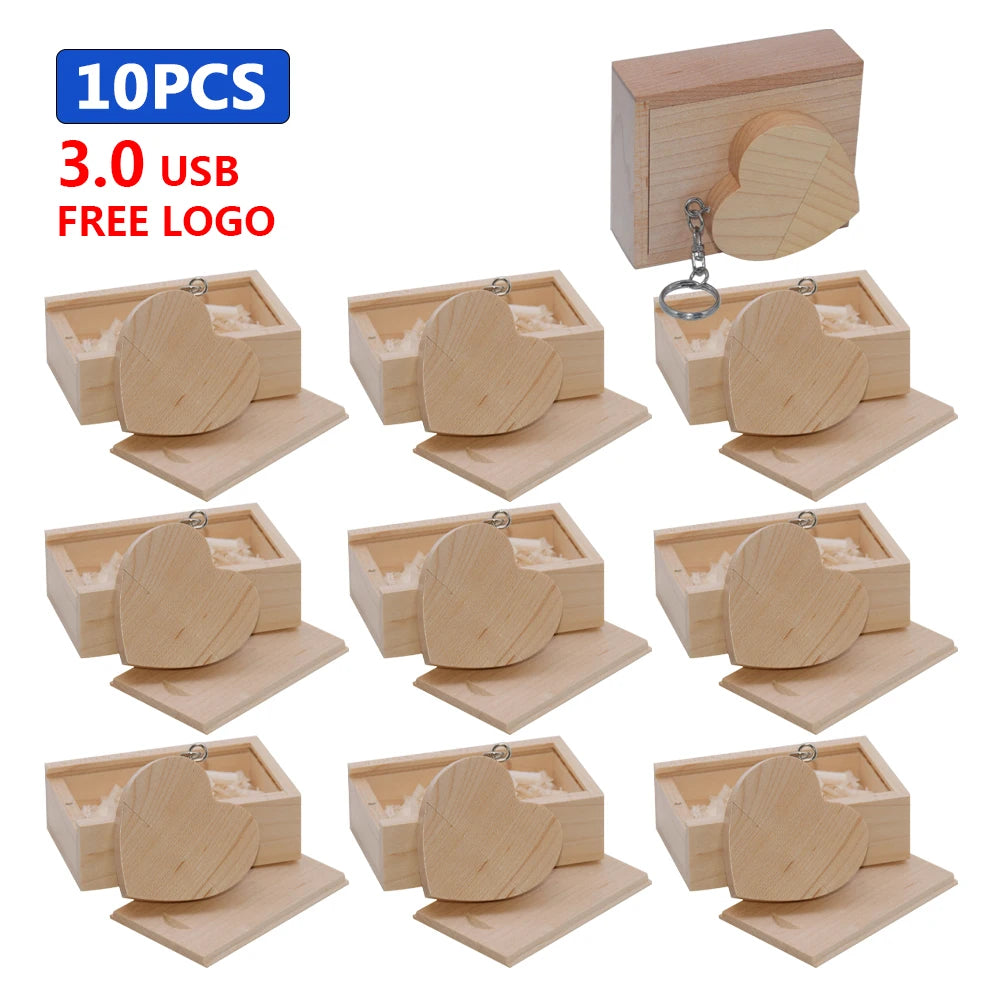 10-Pack Wooden Heart USB 3.0 Flash Drive | Custom Logo Gift USB Flash Drive PRIMED