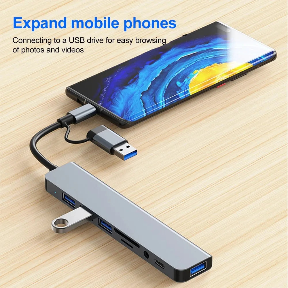 8-in-2 USB-C Hub Dock – USB 3.0, Audio & SD Card Reader USB-C Dock Hub PRIMED