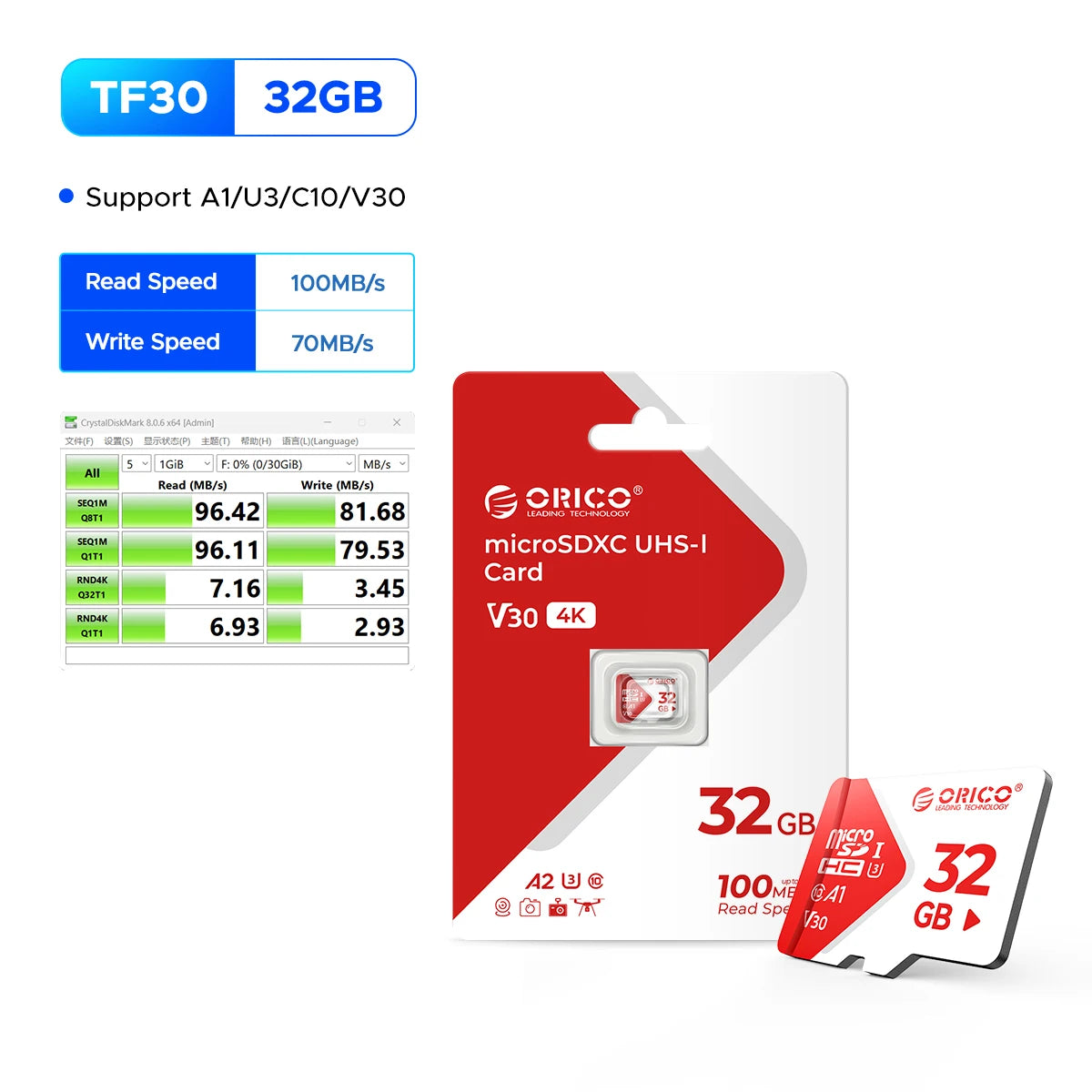 ORICO Ultra microSDXC 180MB/s 4K UHD U3 V30 A2 Memory Card MicroSD Memory Card PRIMED 32 GB China Mainland