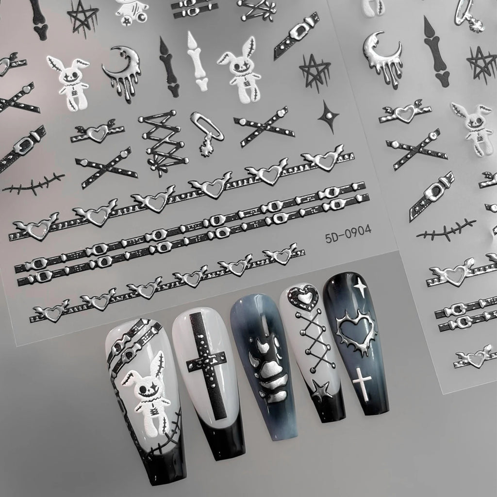 Gothic Punk 3D Nail Stickers – Silver Embossed Halloween Decals Nail Art Stickers PRIMED