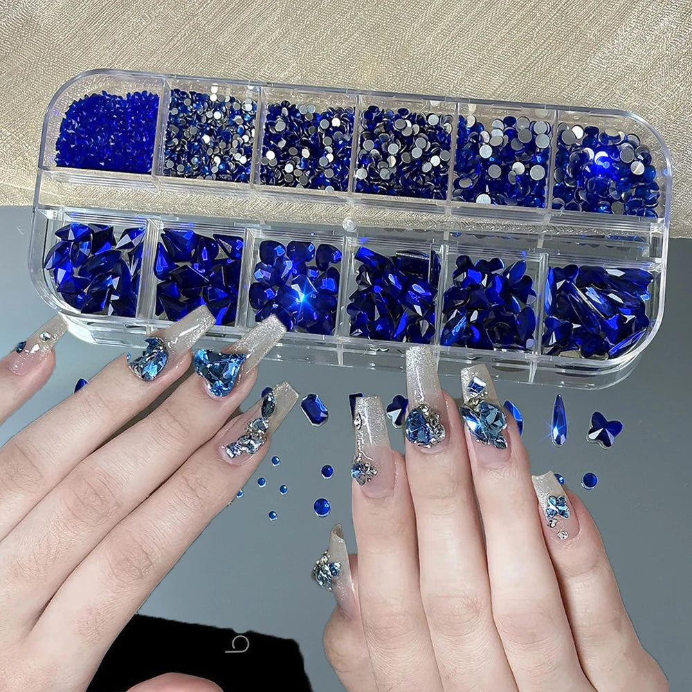 12-Grid Nail Rhinestones Set – Mixed Shape Glass Crystals Nail Art Rhinestones PRIMED