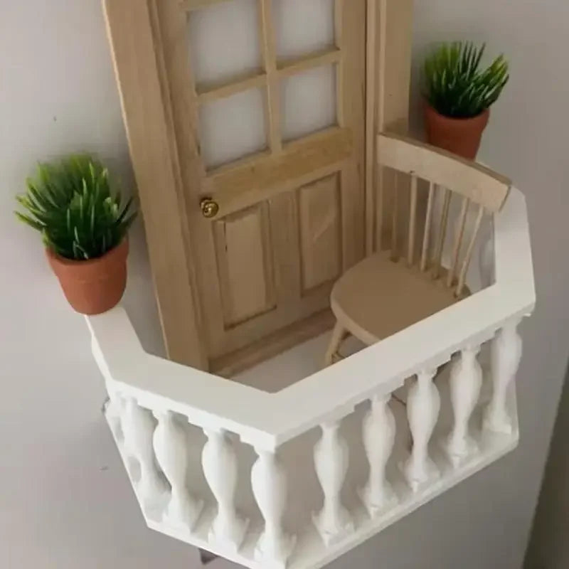 Miniature Dollhouse Balcony with Railing – European Style DIY Dollhouse Accessory PRIMED