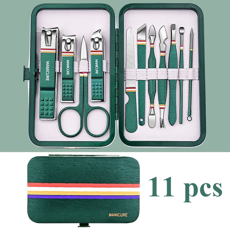 Stainless Steel Manicure Set 9–19 Pcs | Nail Clippers & Bag Manicure Tool Set PRIMED Green 11 pcs
