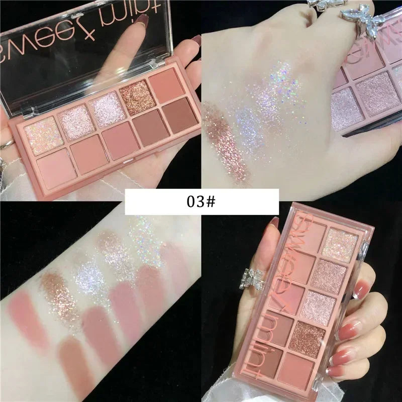 10-Color Glitter Shimmer Eyeshadow Palette – Waterproof & Nude