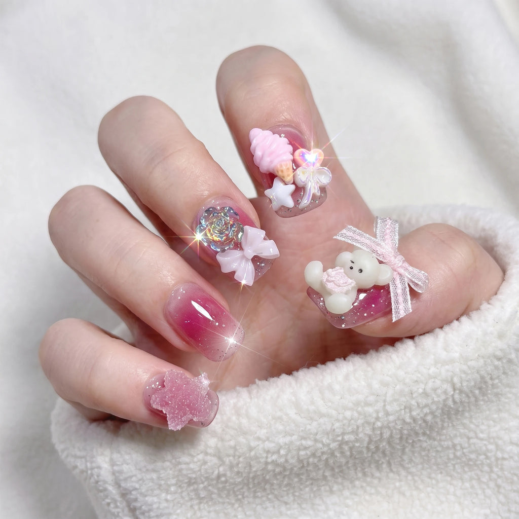 96Pcs Handmade Press On Nails – Pink Bears, Bows & Flowers
